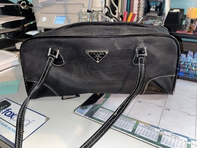Vintage Prada Tessuto Nylon Bauletto - Black /White  Stitching & Silver LockKey 