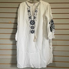 White Embroidered Tunic Dress Bohemian Long Sleeve Tie Details Size M