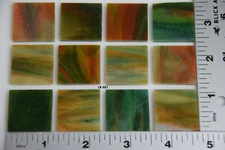 3123.30-12 WHITE, ORANGE OPAL, FOREST GREEN STREAKY 1"x 1" BULLSEYE GLASS 90 COE