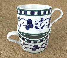 Set of 2 Vintage Ceramic Mugs Floral Blue Green Stripe Kitchenware