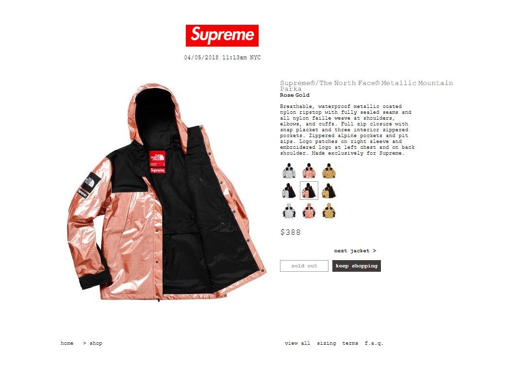 S/S 2018 Supreme The North Face Metallic Mountain Parka ROSE GOLD