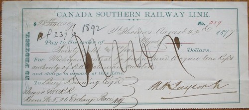 Canada Southern Railway Line 1877 Railroad Bank Check - 第 1/1 張圖片
