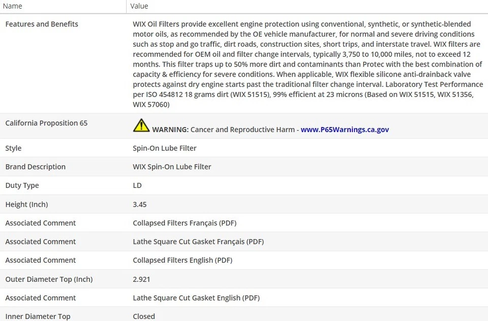 Filtro de aceite de motor OEM WIX para Pontiac Grand Prix 1997-2008 V6-3,8 L Foto 3 de 4