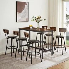 7PCS Pub Bar Table & Chairs Set w-6 PU Upholstered Bar Stools Chairs , Brown
