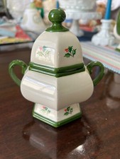 Vintage Christmas White Green Mistletoe & Berries Covered Sugar Bowl 6"