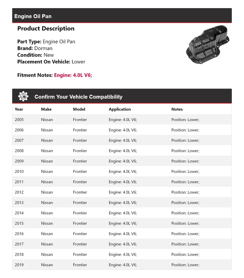Para Nissan Frontier 2005-2019 4,0 L V6 motor Dorman cárter de aceite inferior 2006 2007 Foto 2 de 4