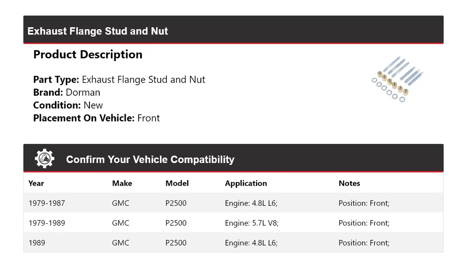 Para GMC P2500 1979-1989 Dorman Brida de escape Perno y tuerca delantera 1980 1981 1982 Foto 2 de 4