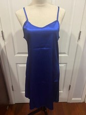 Women's Lingerie Satin Nightgown Slip V Neck Blue Thin  Soft Sz L 36"Long