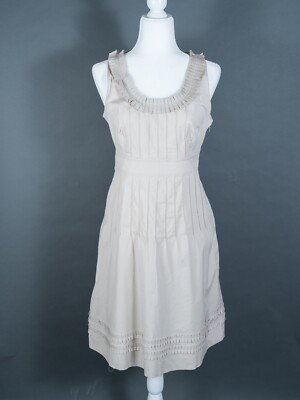 Tory Burch Midi Sheath Dress Sleeveless Ponte Seam Pleated Trim Beige 