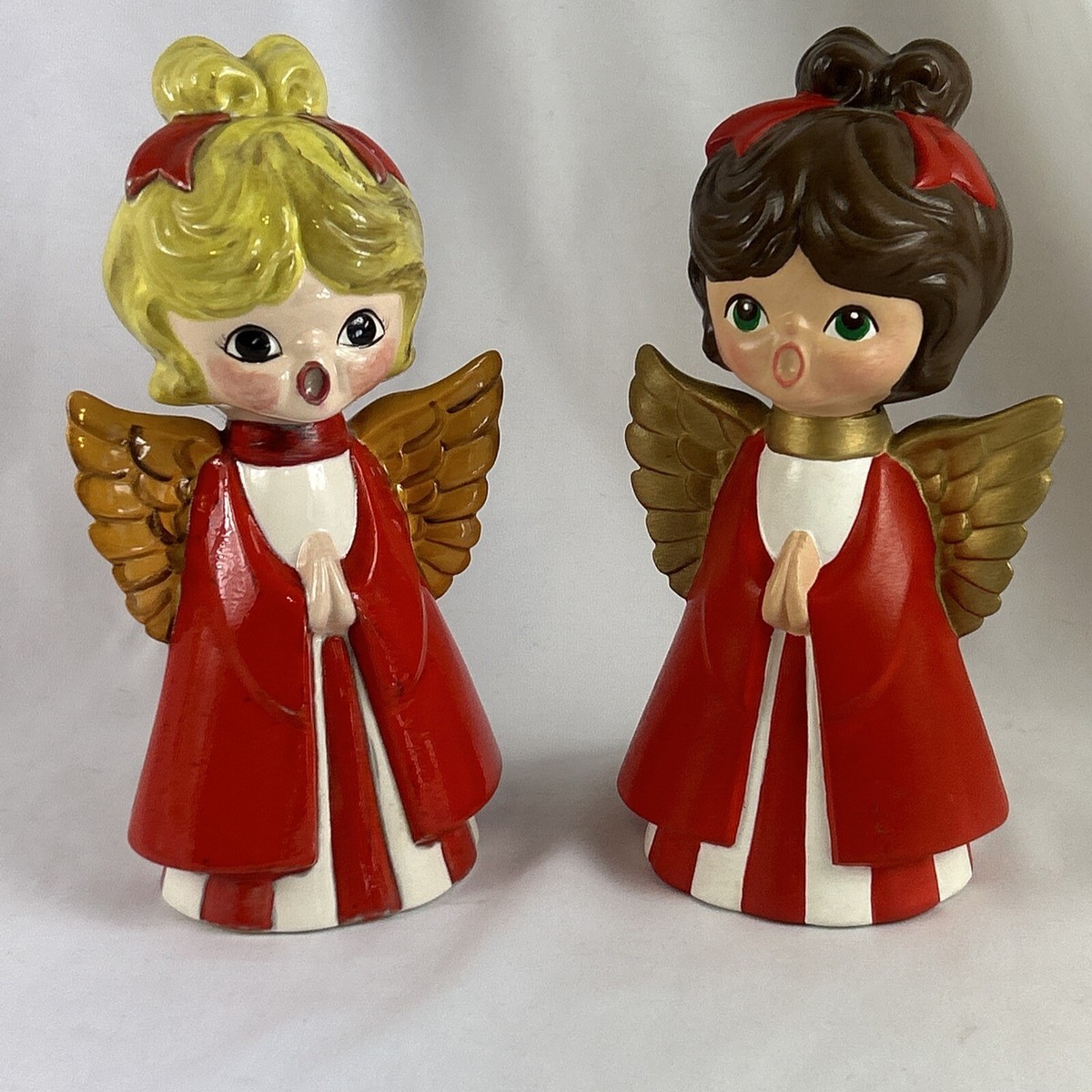 Vintage Angel Figurine Set Of 2 Ceramic 8” Red Christmas Choir