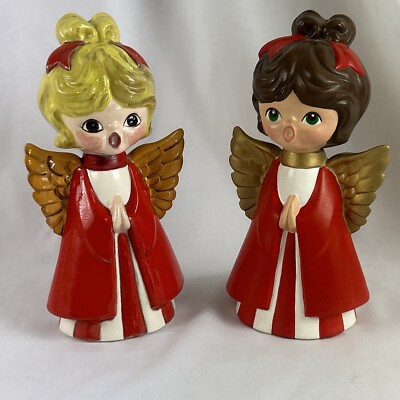 Vintage Angel Figurine Set Of 2 Ceramic 8” Red Christmas Choir