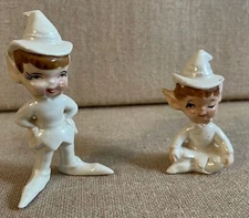Vintage Ceramic Artmark White Pearlescent Sitting & Standing Elf Elves PAIR