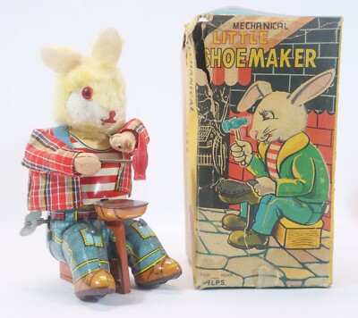 Shoemaker Toy Rare Alps Japan Rabbit Little Shoemaker Tin Mechanical Wind Up Toy with ...