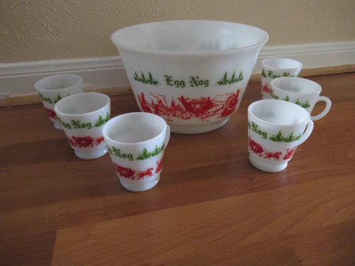 Vintage Hazel Atlas Milk Glass Christmas Egg Nog Punch Bowl & 6 Mugs Superb Cond