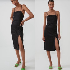 Zara Textured Weave Printed Slit Midi Dress in Black Size Large