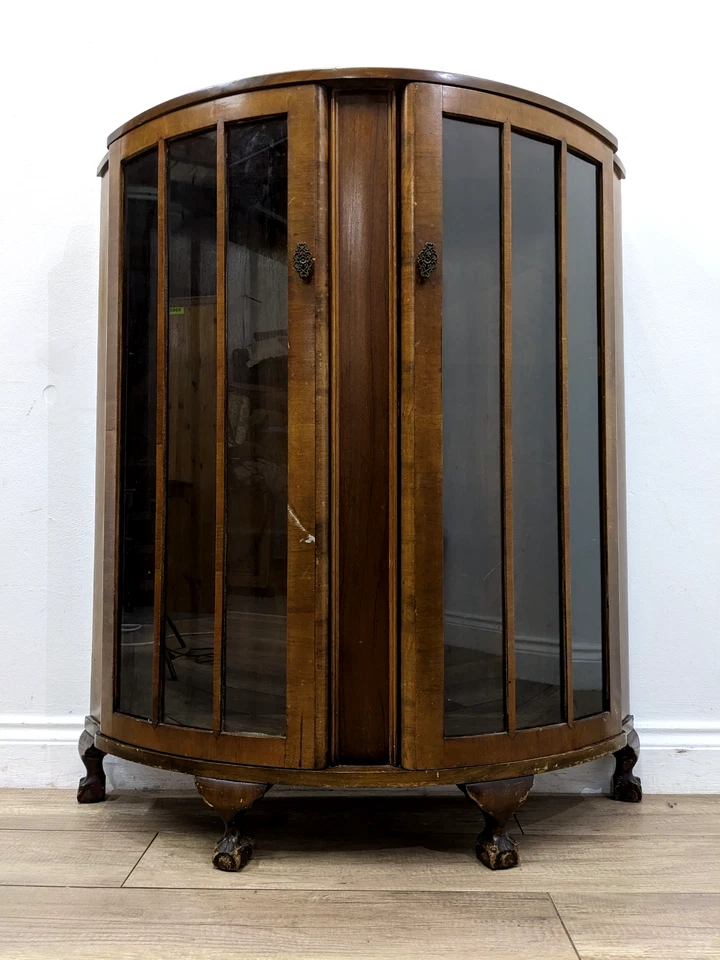 DISPLAY CABINET Antique Walnut Door Bow Front Claw Bookcase Deco FREE DELIVERY - Image 3 of 4