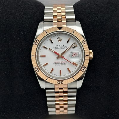 Rolex Datejust Turn-O-Graph 116261 36mm 18K Rose Gold Steel White Dial Watch 