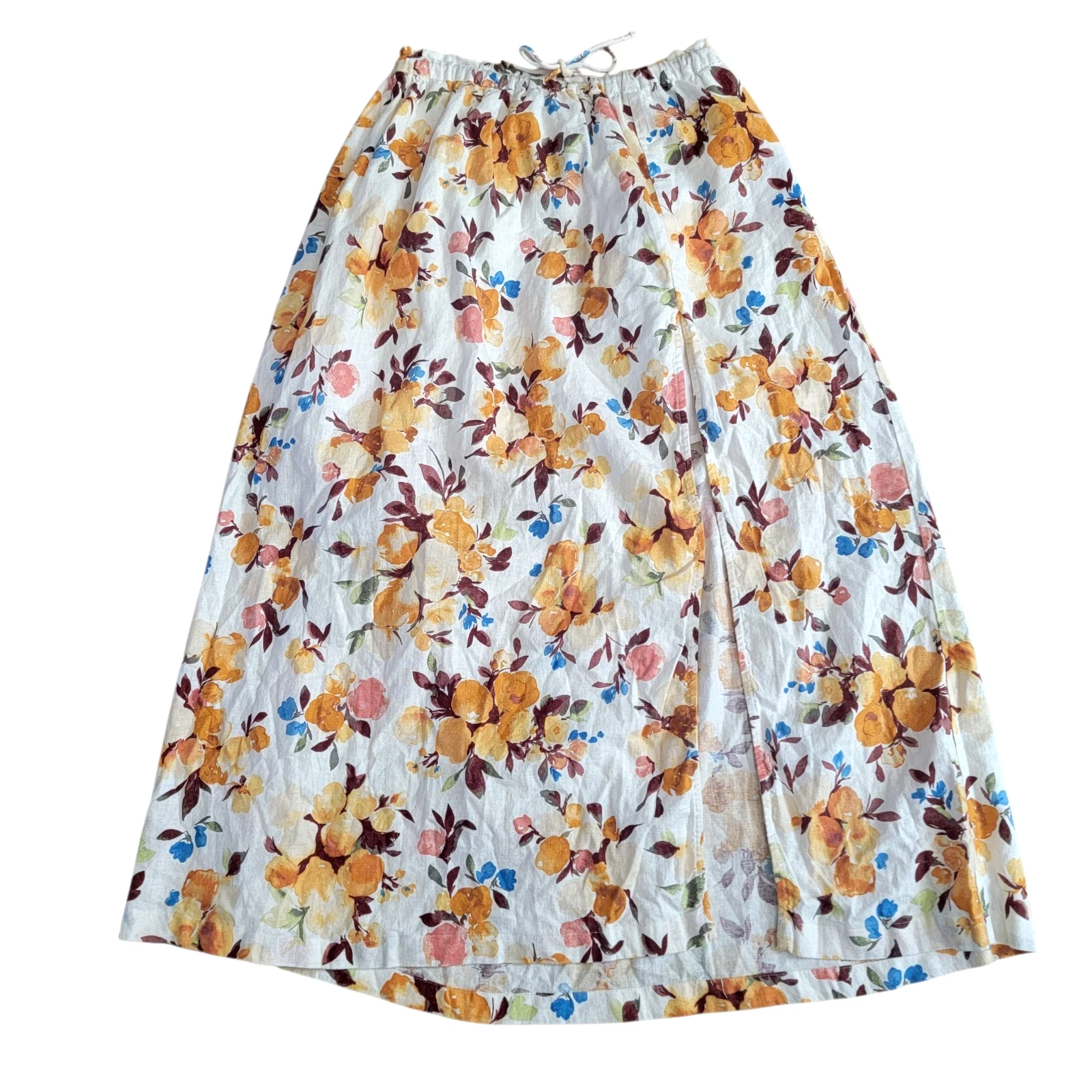 Abercrombie & Fitch Size M Floral Linen Blend Midi Maxi Skirt High Slit Yellow