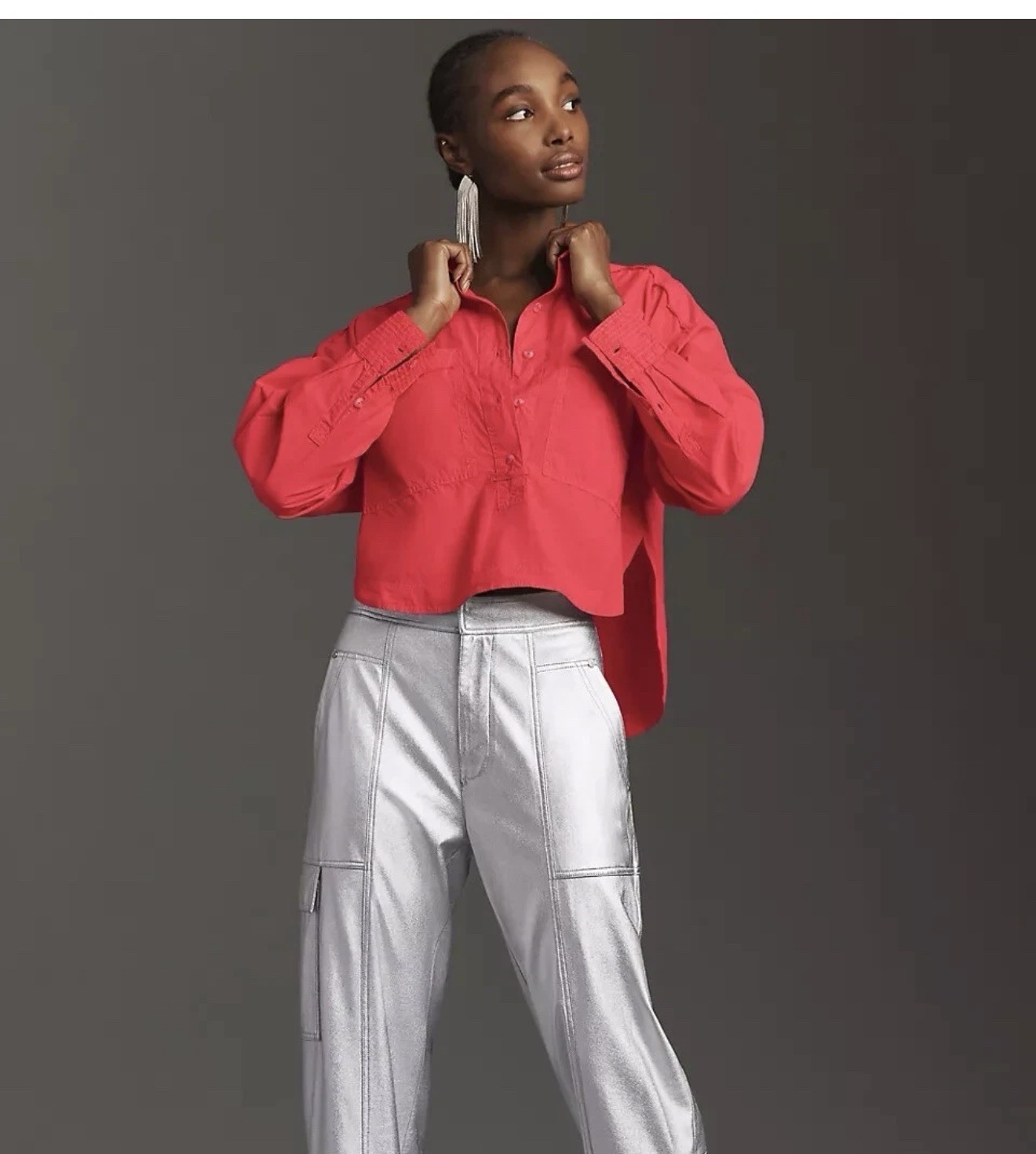 Pilcro red split back cropped button up long slee… - image 1