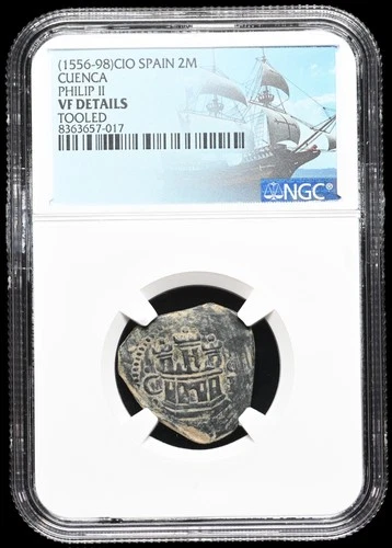 COLONIAL ERA SPAIN. Philip II, 1556-1598. Copper 2 Maravedis, NGC VF Details