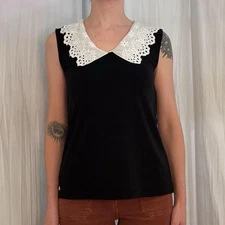 Black Sleeveless Top With White Lace Doily Collar H By Halston Tagged XS Goth