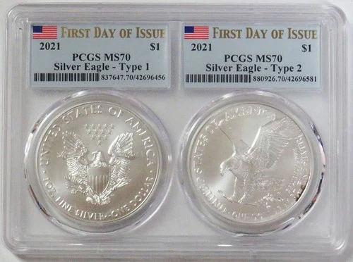 2021 TYPE 1 & 2 AMERICAN SILVER EAGLE $1 COIN 1 OZ PCGS MINT STATE 70 FDOI