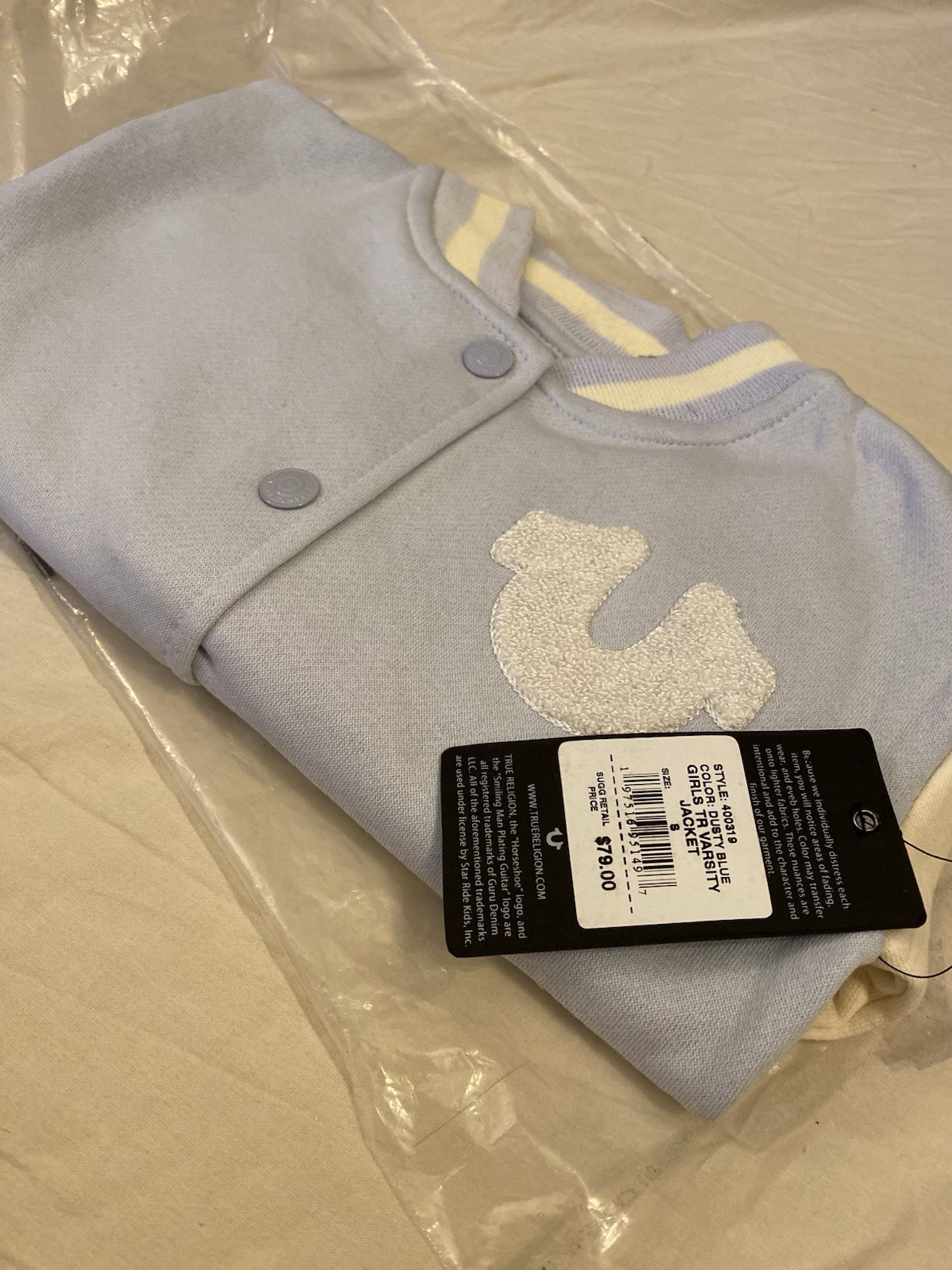 True Religion Girls Varsity Jacket Dusty Blue Size S NWT Style 400319