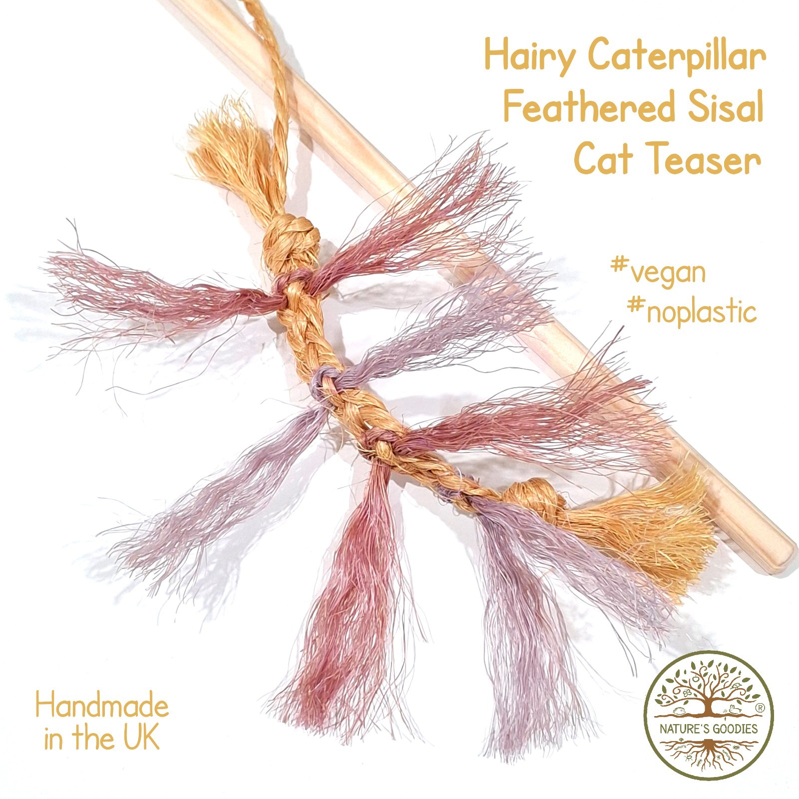 Hairy Caterpillar Feathered Sisal Cat Teaser Stick Wand Vegan Eco Fun Chaser Toy