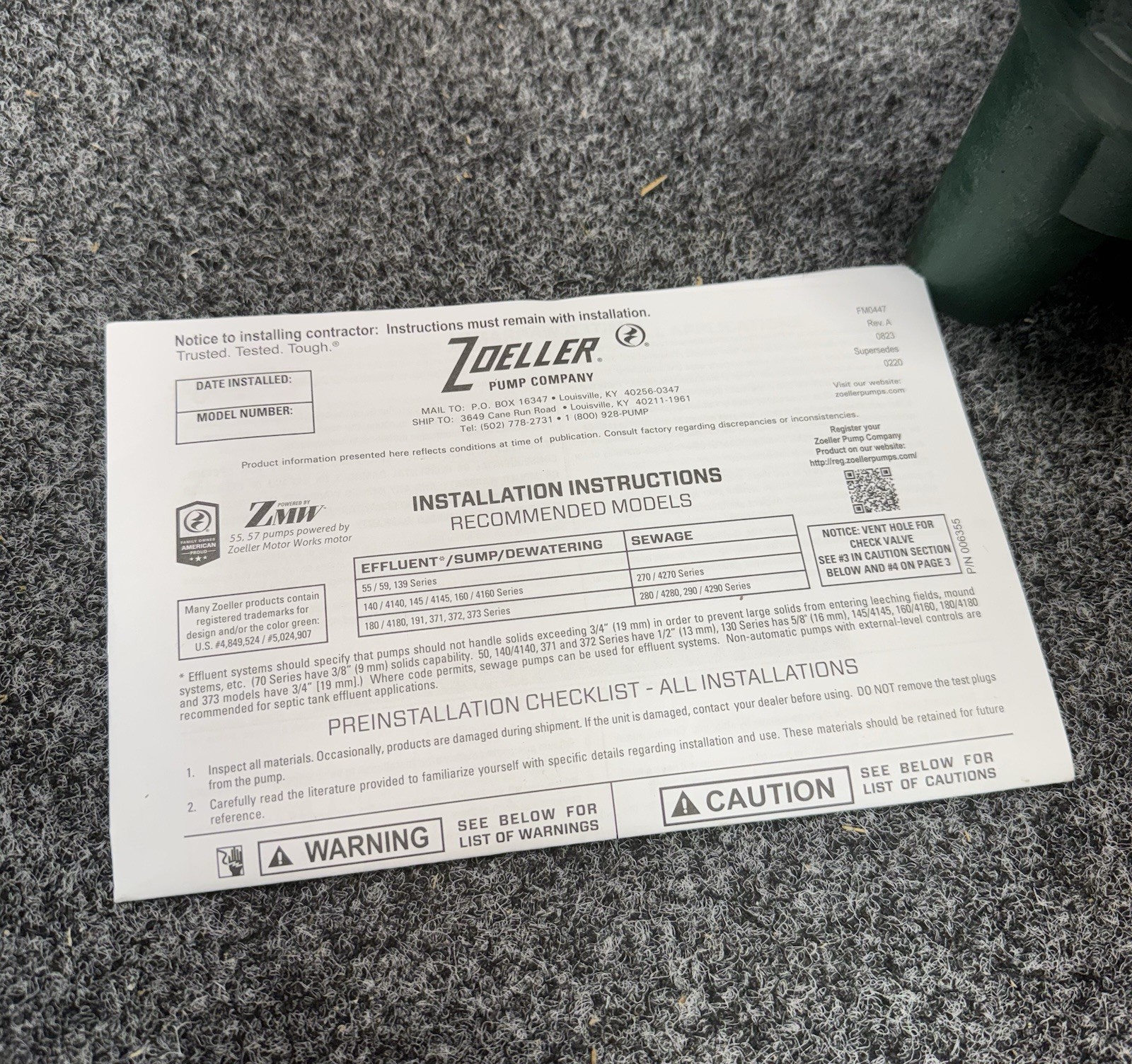 ZOELLER N270-F Submersible Sewage Ejector Pump 1 HP, 115V, 2" Discharge