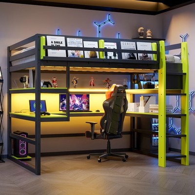 Full Size Wood Loft Bed with Desk,Side storage rack,Multi-storage Shelves and