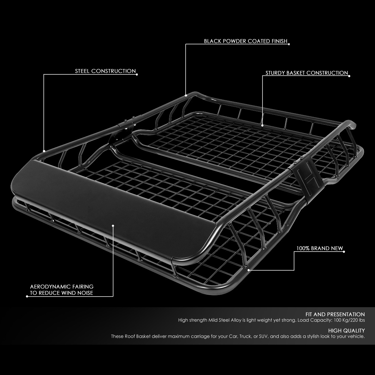 49" X 36" Mild Steel Roof Cargo Basket With Wind Deflector – Black, Powdercoated, Fits Crossbars