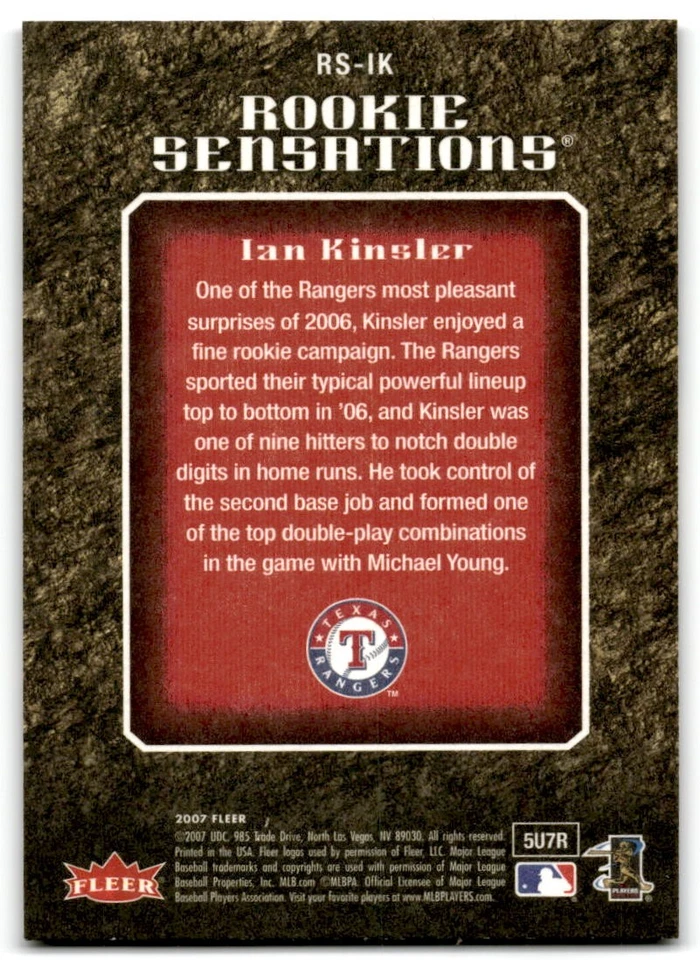 2007 Fleer #RS-IK Ian Kinsler Rookie Sensations Texas Rangers - Image 2 of 2