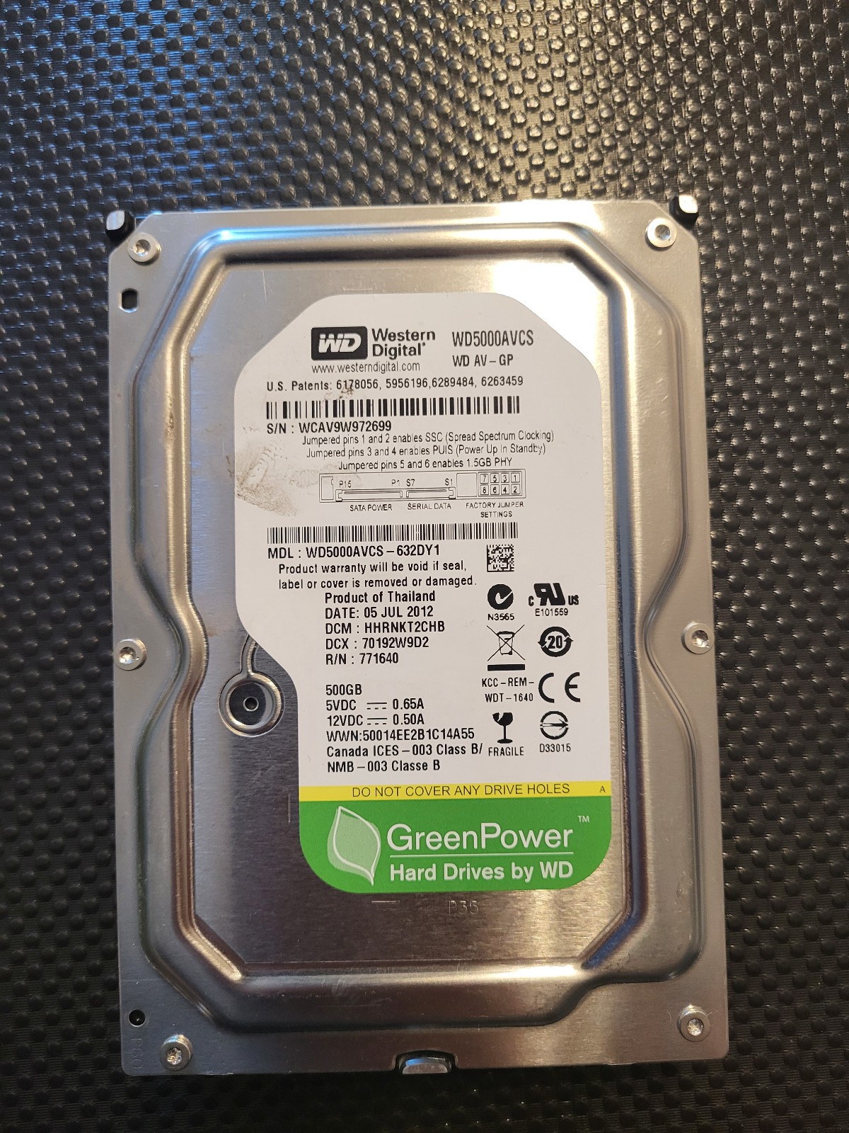 Western Digital AV-GP 500GB WD5000AVCS SATA 3.5" SMART PASSED Sanitizzato Report