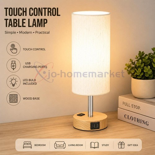 3 Way Touch Bedside Table Lamp USB C AC Outlet Wood Base LED Bedroom Light Shade