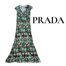 PRADA Maxi Dress Size 36 Floral Print Green Black U Neck Cap Sleeve