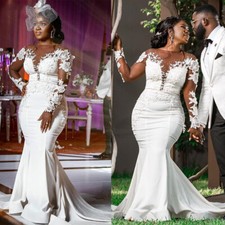 African Mermaid Wedding Dresses Satin Plus Size Lace Long Sleeves Bridal Gowns