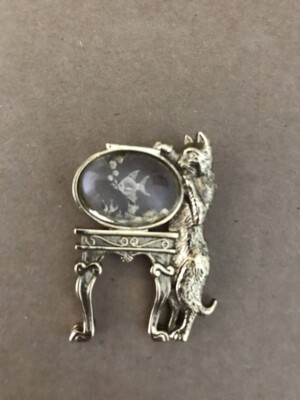 Vintage 1928 Jewelry Company Cat with Fish Bowl Brooch Pin