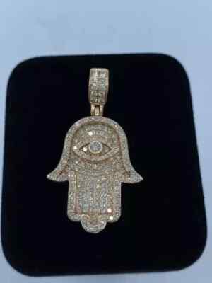 14K Yellow Gold Plated Silver Custom Hamsa Hand Pendant 2.00 Ct Real Moissanite