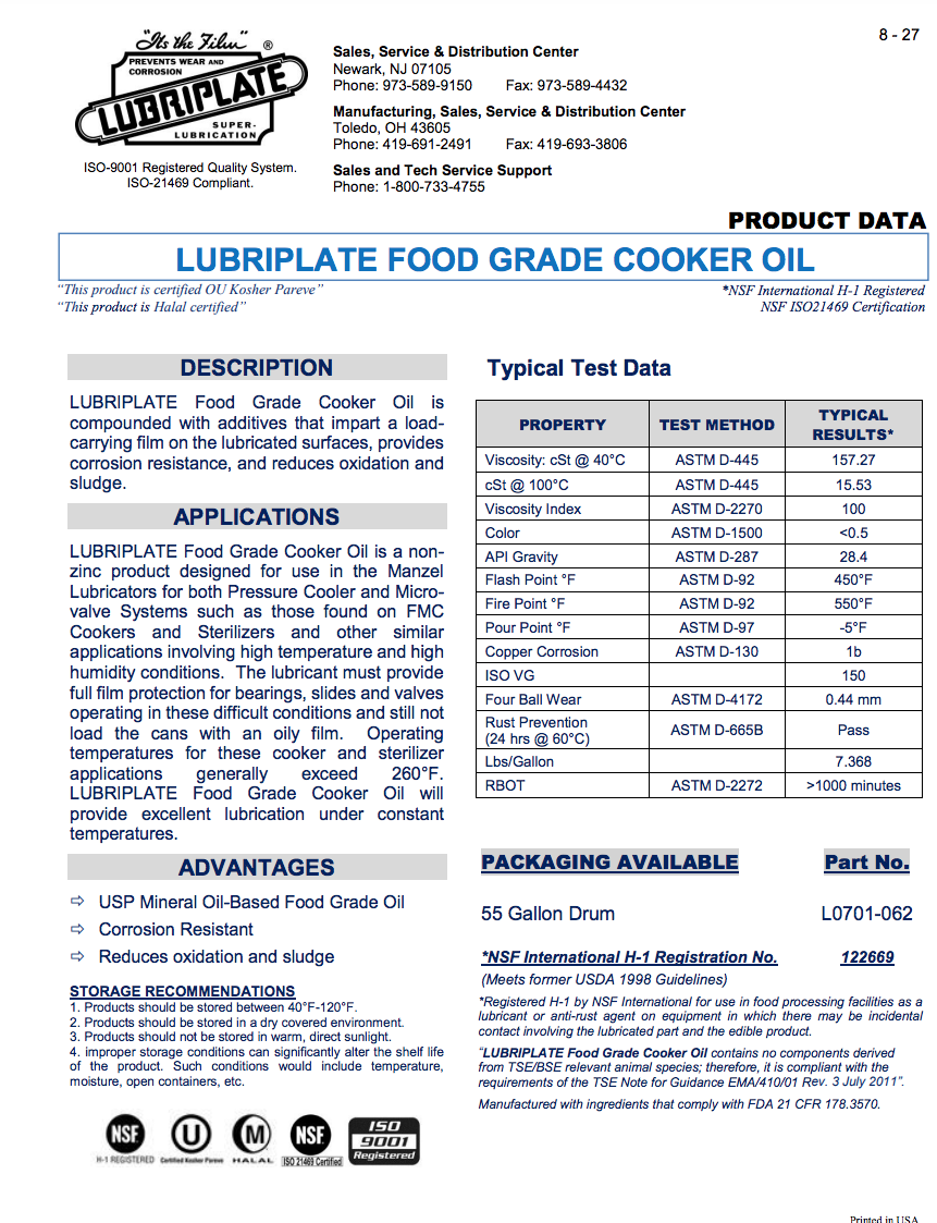 Lubriplate FG COOKER OIL, H1/food grade for manzel lubricator on rotary cookers eBay