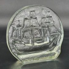 Vintage Blenko Clear Art Glass Bookend of Clipper Ship 6" Heavy Nautical Decor