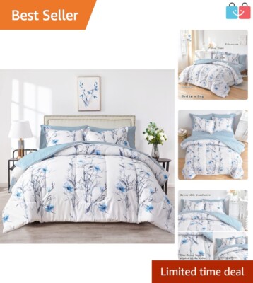 Elegant 7-Piece King Bed in a Bag Floral Comforter Set - Blue