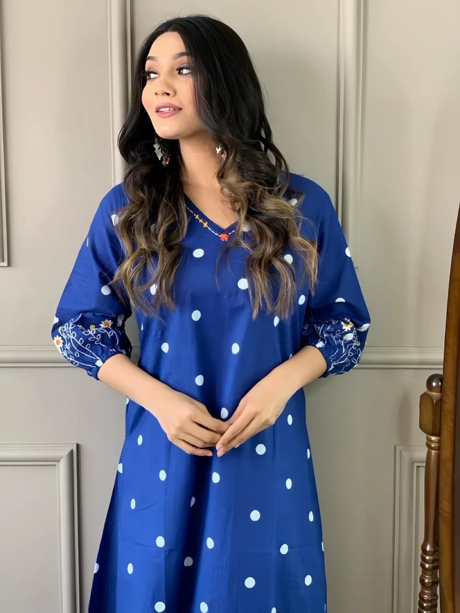 Teal Polka Dot Dress with Floral Embroidered Sleeves, V-Neck, 3/4 Balloon  Sleeve | eBay