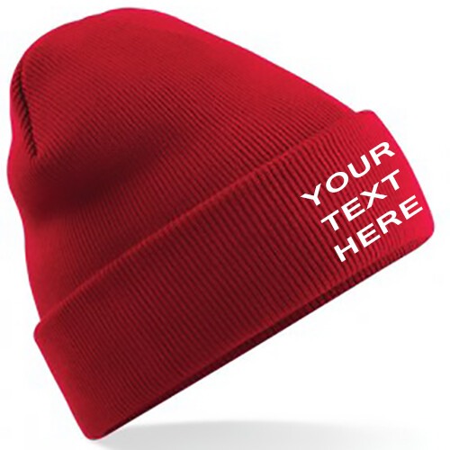 Personalised/Embroidered Mens/Ladies Beanie Hat, Classic Red, Text/Logo