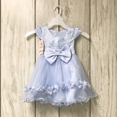 Xiao Mo Tong Baby Girl Blue Sequin 3D Floral Mesh Bow Birthday Party Dress 6-9M