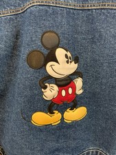 Disney Mickey Mouse Denim Jean Jacket Sz M Pockets Classic Satin Applique EUC