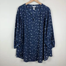 Catherine Top Women's 3X Blue White Sailboat Print Roll-Tab Sleeve Preppy Retro