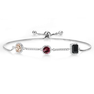 1.66 Ct Oval Peach Morganite Red Rhodolite Garnet 925 Sterling Silver Bracelet
