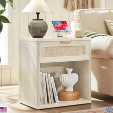LEYAOYAO 23" Boho Rattan Nightstand with Charging Station - Grey White Table