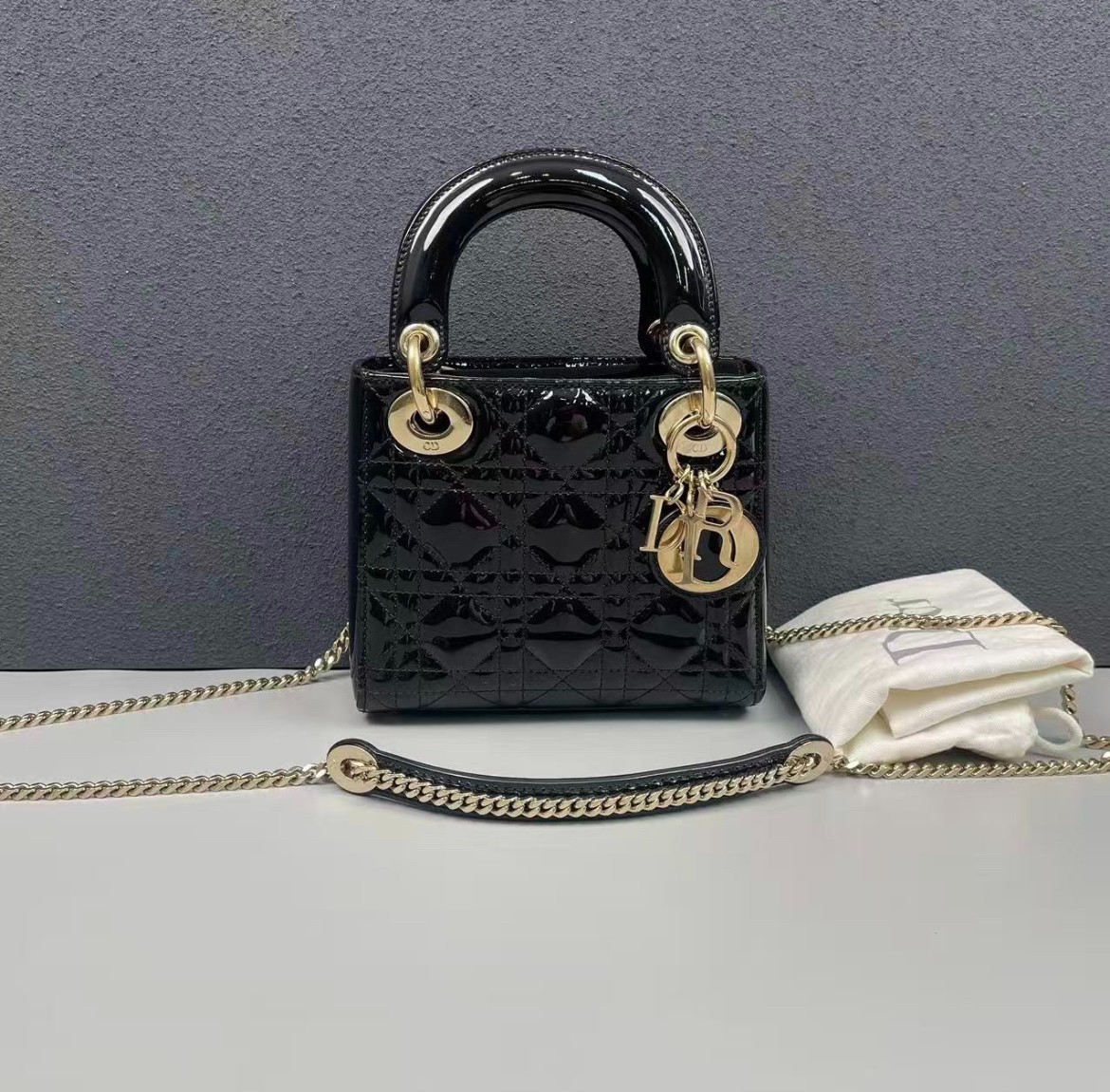 Dior Black Patent Leather Gold Hardware Lady Dior Top Handle