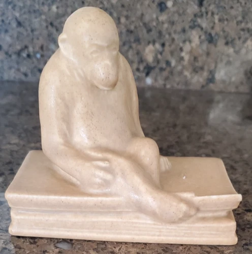 Rookwood 1923 Monkey on Book Bookend Matte Glaze Mustard Yellow 4 1/4" x 2 1/2"